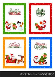 Merry Christmas Cards with Cartoon Characters Set. Santa Claus, Elf, Snowman and Deer in vector images greetings with colorful calligraphy lettering. Merry Christmas Cards with Cartoon Characters Set