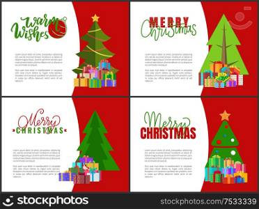 Merry Christmas cards with green Xmas trees with garlands, decorated by balls and topped by star. Boxes poles in decorative wrapping paper. Lettering inscriptions. Merry Christmas Cards, Green Xmas Trees, Garlands