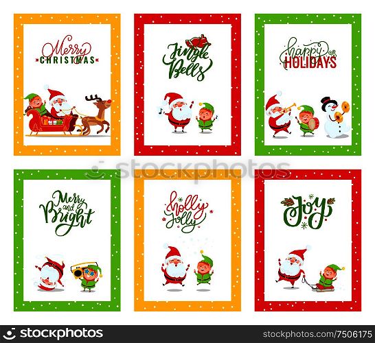 Merry Christmas cards with Santa Claus. Vector of festive illustration greetings with Elf and Reindeer singing carols, dancing and riding on sleigh. Merry Christmas Greeting Cards with Santa Claus