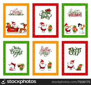 Merry Christmas cards with Santa Claus. Vector of festive illustration greetings with Elf and Reindeer singing carols, dancing and riding on sleigh. Merry Christmas Greeting Cards with Santa Claus