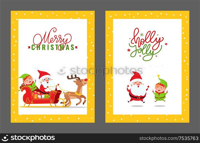 Merry Christmas cards with Santa, Elf and Deer. Vector cartoon images of Father Frost, dwarf and reindeer riding carriage full of presents and gift boxes. Merry Christmas Cards with Santa, Elf and Deer