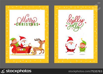 Merry Christmas cards with Santa, Elf and Deer. Vector cartoon images of Father Frost, dwarf and reindeer riding carriage full of presents and gift boxes. Merry Christmas Cards with Santa, Elf and Deer