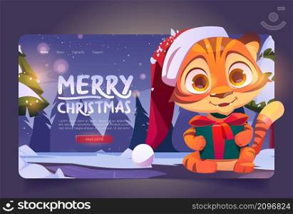 Merry Christmas cartoon landing page. Cute tiger character wear Santa Claus hat holding gift box in winter forest. Wild funny kitten animal cub, kawaii 2022 chinese zodiac symbol, Vector web banner. Merry Christmas cartoon landing with cute tiger