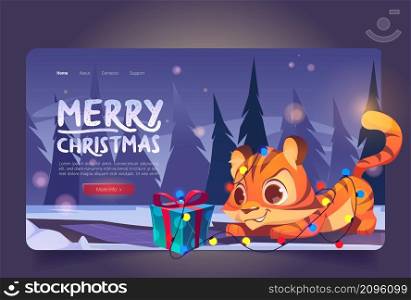 Merry Christmas cartoon landing page. Cute tiger character wrapped in garland hunting on gift box in winter forest. Wild funny kitten animal cub, kawaii 2022 chinese zodiac symbol, Vector web banner. Merry Christmas cartoon landing page, cute tiger