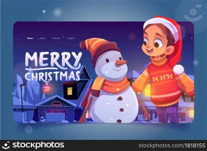 Merry Christmas cartoon landing page. Little girl in Santa hat and funny snowman at winter background with decorated cottage facades illuminated with garlands, eve scene with child, vector web banner. Merry Christmas cartoon landing with girl, snowman