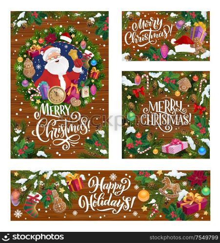 Merry Christmas cartoon Santa with New Year gifts in Xmas tree holly wreath. Vector Christmas winter holiday greeting calligraphy, gingerbread cookies and toy presents on wood background. Merry Christmas winter holiday Santa gifts