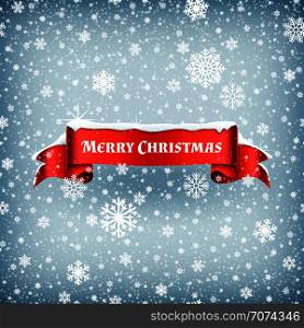 Merry Christmas celebration background with falling snow and red banner ribbon vector illustration. Xmas ribbon banner with snowflake. Merry Christmas celebration background with falling snow and red banner ribbon vector illustration