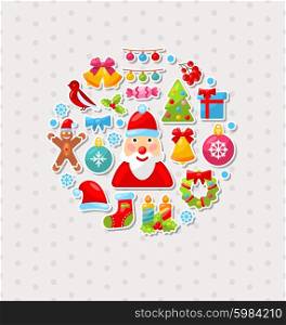 Merry Christmas Celebration Card with Traditional Elements. Illustration New Year Traditional Colorful Elements - Vector