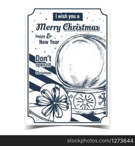 Merry Christmas Celebration Creative Banner Vector. Empty Snowglobe Christmas Souvenir and Gift Box In Heart Shape. Celebratory Present Sphere Template Hand Drawn Monochrome Illustration. Merry Christmas Celebration Creative Banner Vector