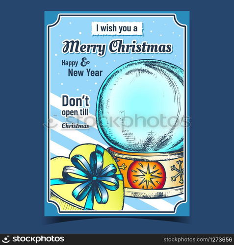 Merry Christmas Celebration Creative Banner Vector. Empty Snowglobe Christmas Souvenir and Gift Box In Heart Shape. Celebratory Present Sphere Template Hand Drawn In Retro Style Color Illustration. Merry Christmas Celebration Creative Banner Vector