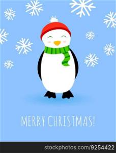 Merry Christmas celebration greeting card template with cute penguin character. Colorful winter holiday banner.