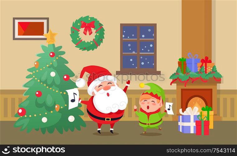 Merry Christmas celebration of elf and Santa Claus vector. Home interior decorated with wreath, garlands and star on top of pine tree. Caroling with notes. Merry Christmas Celebration of Elf and Santa Claus