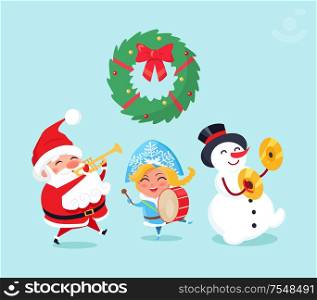 Merry Christmas celebration of Santa Claus and snowman, snow maiden vector. Winter character with music instruments, drums and trumpet caroling songs. Merry Christmas Celebration of Santa Claus Snowman