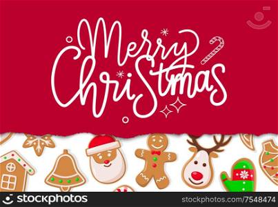 Merry Christmas celebration of winter holiday vector. Cookies made of gingerbread, mitten and reindeer, bell and Santa Claus with beard, star house. Merry Christmas Celebration of Winter Holiday
