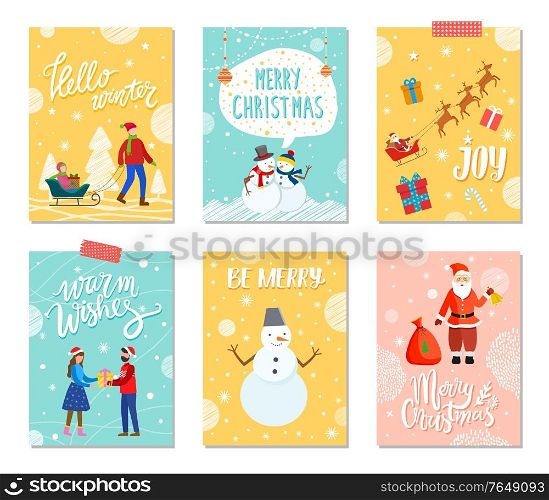 Merry christmas celebration of winter holidays. Greeting cards with characters. Santa Claus with presents and snowman. Dad with kid on sled, couple with gifts. Reindeers with carriage vector. Merry Christmas Set of Greeting Xmas Cards Vector