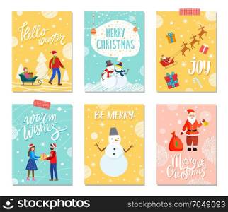 Merry christmas celebration of winter holidays. Greeting cards with characters. Santa Claus with presents and snowman. Dad with kid on sled, couple with gifts. Reindeers with carriage vector. Merry Christmas Set of Greeting Xmas Cards Vector