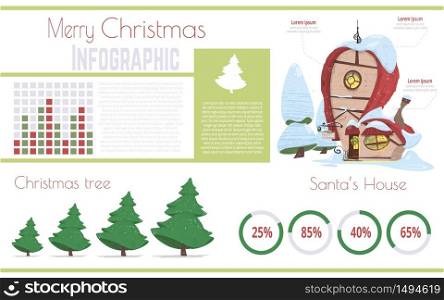 Merry Christmas Celebration Season Cartoon Vector Social or Business Infographics Template with Statistics Diagrams, Data Graphs, Christmas Trees, Sana Claus Snowy House on North Pole Illustrations