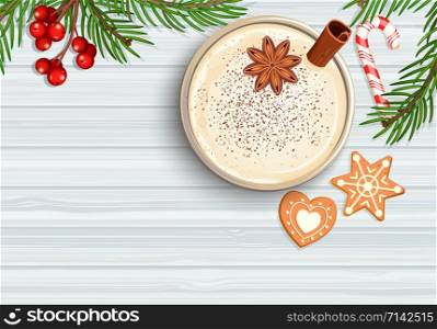 Merry Christmas celebration with hot eggnog.Homemade mulled wine, grog. Cocktail with milk,cinnamon and clove stars. Cozy mug with egg nog with candy cane, gingerbread, top view. Vector illustration.. Merry Christmas celebration with hot eggnog.