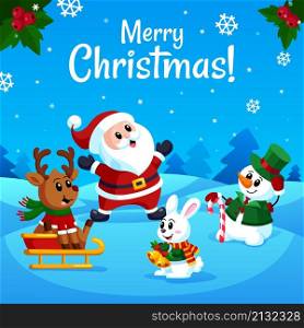Merry christmas characters poster. Animals and santa, snow meadow in forest. Cute snowman, deer and rabbit. New year childish vector banner. Illustration of christmas holiday, celebration greeting. Merry christmas characters poster. Animals and santa, snow meadow in forest. Cute cartoon snowman, deer and rabbit. New year childish garish vector banner