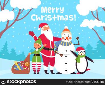 Merry christmas characters poster. Xmas animals in frozen forest, cute santa claus and penguin. Holiday wildlife landscape decent vector card. Illustration of happy holiday banner at christmas. Merry christmas characters poster. Xmas animals in frozen forest, cute santa claus and penguin. Holiday wildlife landscape decent vector card