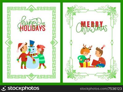 Merry Christmas children building snowman outdoors vector. Happy winter holidays greeting, kids boy and girl unpacking presents from boxes with tape. Merry Christmas Children Building Snowman Outdoors