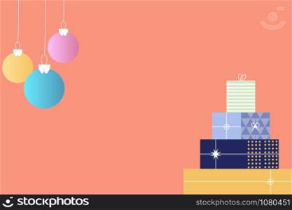 Merry Christmas, chirstmas ball and gift box on pastel background vector