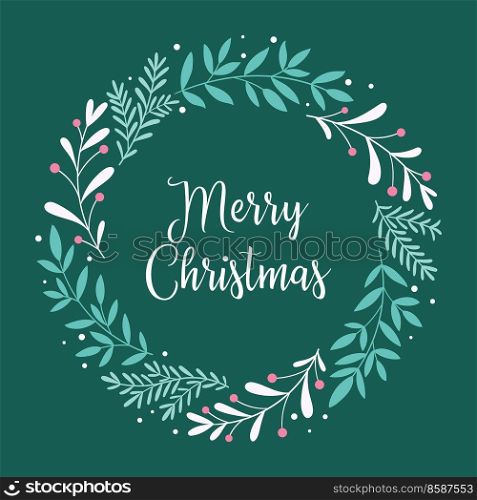 Merry Christmas. Christmas card with a wreath of branches, berries and an inscription with in the Scandinavian style. Background for banner, print, poster, postcard. Vector illustration.. Merry Christmas. Christmas card with a wreath of branches, berries and an inscription with in the Scandinavian style.