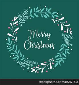 Merry Christmas. Christmas card with a wreath of branches, berries and an inscription with in the Scandinavian style. Background for banner, print, poster, postcard. Vector illustration.. Merry Christmas. Christmas card with a wreath of branches, berries and an inscription with in the Scandinavian style.