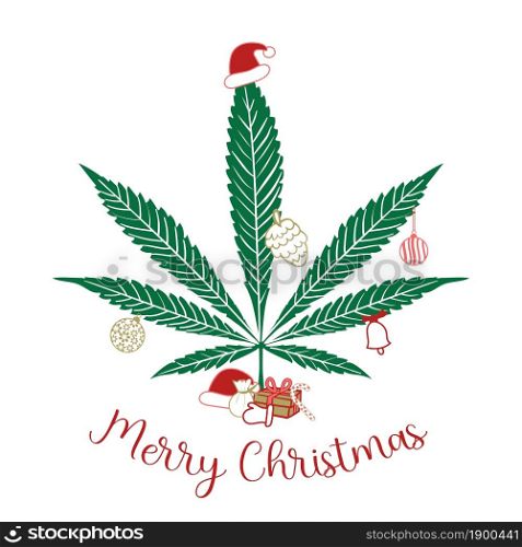 Merry Christmas, Christmas marijuana decorated with Christmas accessories isolated on white background, vector illustration.