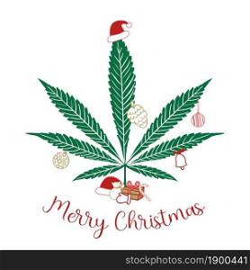 Merry Christmas, Christmas marijuana decorated with Christmas accessories isolated on white background, vector illustration.