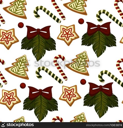 Merry Christmas coffee or tea, warm beverage seamless pattern isolated on white vector. Candy stick and baked cookies with glaze, bakery in form of star and pine tree. Mistletoe plant symbol. Merry Christmas coffee or tea, warm beverage seamless pattern isolated on white vector.