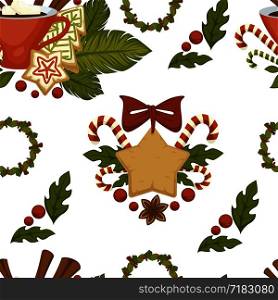 Merry Christmas coffee or tea, warm beverage seamless pattern isolated on white vector. Candy stick and baked cookies with glaze, bakery in form of star and pine tree. Mistletoe plant symbol. Merry Christmas coffee or tea, warm beverage seamless pattern isolated on white vector.