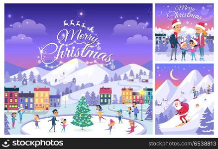 Merry Christmas. Collage of People on Holiday. Merry Christmas. Greeting cards design for celebration Christmas. Happy people on ice rink. Houses on background. Excited family outside. Skiing Santa Claus with presents. Cartoon style. Vector