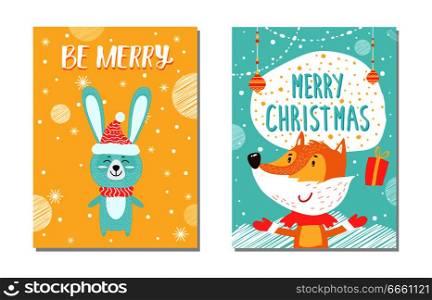 Merry Christmas, collection of banners, images of hare with closed eyes happy to be outside in snowy weather, and fox with gift on vector illustration. Merry Christmas Collection on Vector Illustration