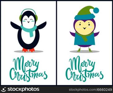 Merry Christmas, collection of compositions made up of images of penguin with scarf and bird with green hat, and headlines on vector illustration. Merry Christmas Penguin, Bird Vector Illustration
