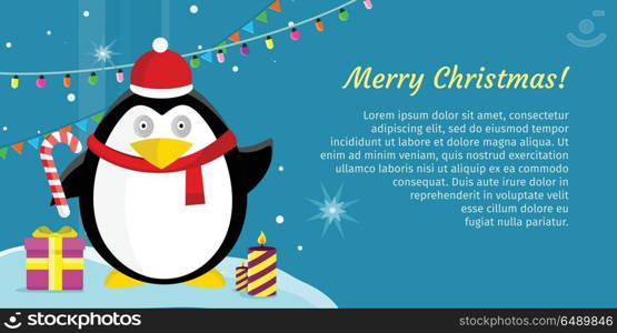 Merry christmas concept vector banner. Flat style. Funny penguin in santa hat on winter holidays background with candles, garlands, gift box, stars. Illustration for greeting cards, web page design. Merry Christmas Conceptual Flat Style Banner. Merry Christmas Conceptual Flat Style Banner