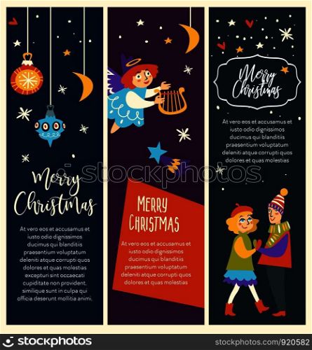 Merry Christmas couple man and woman dancing together vector pair in love angelic girl with harp flying above people in love snowing weather blizzard and shooting stars starry night and baubles.. Merry Christmas couple man and woman dancing together