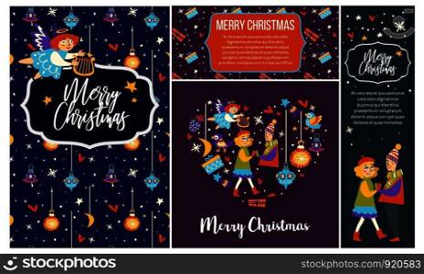 Merry Christmas couple man and woman dancing together vector pair in love angelic girl with harp flying above people in love snowing weather blizzard and shooting stars starry night and baubles.. Merry Christmas couple man and woman dancing together vector