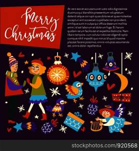 Merry Christmas, couple of man and woman dancing at night vector. Poster with text sample and stars at sky, people in love happy to be together. Celebration of winter holidays, blizzard and hearts. Merry Christmas, couple of man and woman dancing at night vector
