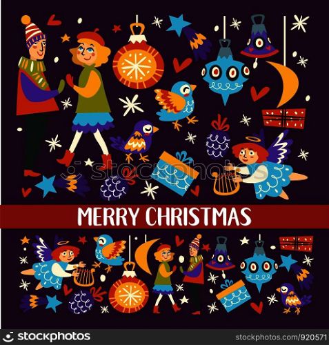 Merry Christmas, couple of man and woman dancing at night vector. Poster with text sample and stars at sky, people in love happy to be together. Celebration of winter holidays, blizzard and hearts. Merry Christmas, couple of man and woman dancing at night vector