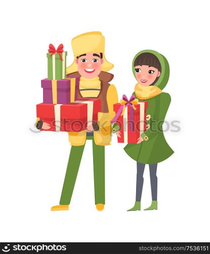 Merry Christmas, couple returns from shopping with packages. Happy young family getting ready to Xmas eve. Man and woman with bags isolated vector. Merry Christmas Couple Family, Shopping with Packs