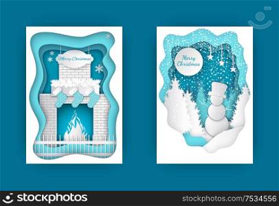 Merry Christmas cut out cards snowman in forest and fireplace with burning fire, decorated by Santa socks and fir tree branches. Vector brochures design. Christmas Fireplace with Burning Fire, Snowman
