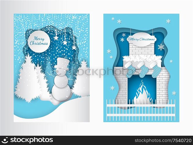 Merry christmas cut out cards snowman in forest and fireplace with burning fire, decorated by Santa socks and fir tree branches. Vector paper greetings. Christmas Fireplace with Burning Fire, Snowman