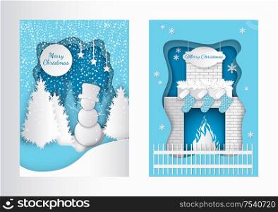Merry christmas cut out cards snowman in forest and fireplace with burning fire, decorated by Santa socks and fir tree branches. Vector paper greetings. Christmas Fireplace with Burning Fire, Snowman