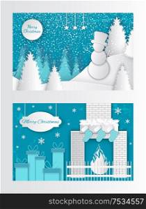 Merry Christmas cut out greeting card fireplace with socks and gifts on New Year eve. Winter landscape, snowman on hill in hat, forest with white spruces. Merry Christmas Cut Out Greeting Card Fire, Socks