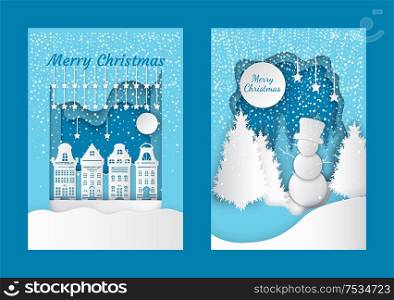 Merry Christmas cut out greeting card with city buildings. Winter landscape, snowman on hill in hat, forest with white spruces, snowfall vector papercut. Merry Christmas Cutout Greeting Card City Building