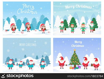 Merry Christmas Cute Cartoon Dwarf little fantasy, Santa Claus And Elves Characters. Tree or Gifts As An Additional Background Vector Illustration