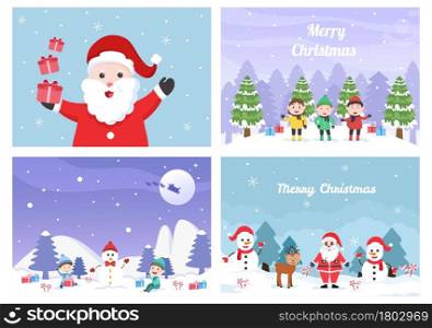 Merry Christmas, Cute Cartoon Santa Claus Background vector illustration and Friends With Snow Man, Some Gifts. For Landing Page In Flat Style Design
