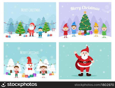 Merry Christmas, Cute Cartoon Santa Claus Background vector illustration and Friends With Snow Man, Some Gifts. For Landing Page In Flat Style Design