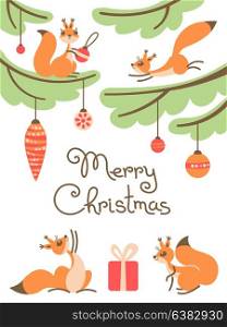 Merry Christmas. Cute little squirrels with gift on trees.. Merry Christmas. Cute little squirrels with gift on Christmas trees. Christmas card in cartoon style. Vector illustration.